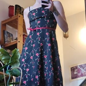 Vintage Rampage Floral Embroidered Red Bow Black Knee Length Dress - Xs
